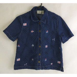 Vintage Koret City Blues Petites Denim Embroidered Patriotic Blouse Petite Small